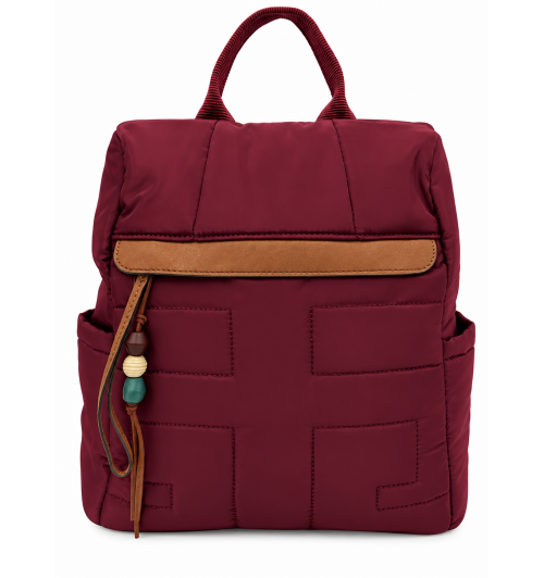 MOCHILA NYLON RIB. CUERO GRANATE
